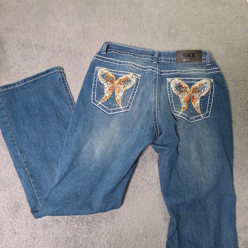 Sky Womens 13/14 Bootcut Jeans Blue Butterfly Embroidered Sequin Rhinestone Y2K